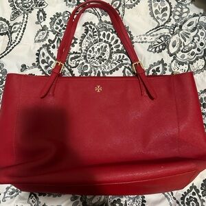 Tory Burch Red Leather Tote with Gold Logo